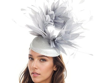 Metallic SIlver Grey Feather Kentucky Derby Fascinator Hat Wedding Cocktail Garden Party Ascot Formal Occasion Races Ladies Woman Headwear