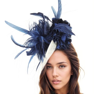 Cream Ivory Dark Navy Blue Saucer Disc Kentucky Derby Fascinator Hat Ascot Wedding Hatinator Cocktail Formal Womens Races Tea Party Headband