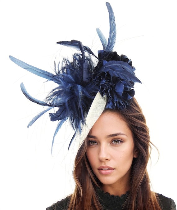 Ivory Navy Feather Fascinator Hat: Sinamay Disc Headband for  display picture 3