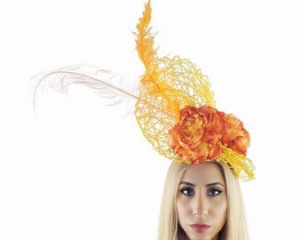 Orange Feather Kentucky Derby Fascinator Hat Wedding Cocktail Garden Party Ascot Formal Occasion Races Ladies Day Woman Headwear Headpiece