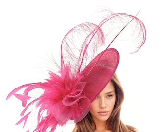 Fuchsia Pink Large Feather Kentucky Derby Fascinator Hat Wedding Cocktail Garden Party Ascot Formal Occasion Races Ladies Day Woman Headwear
