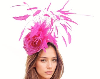 Cerise Pink Feather Kentucky Derby Fascinator Hat Wedding Cocktail Garden Party Ascot Formal Occasion Races Ladies Day Woman Pink Headwear