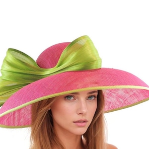 Fuchsia Pink Lime Green Kentucky Derby Hats Royal Ascot Church Ladies Race Day Tea Garden Party Wide Brim Wedding Formal Occasion Woman