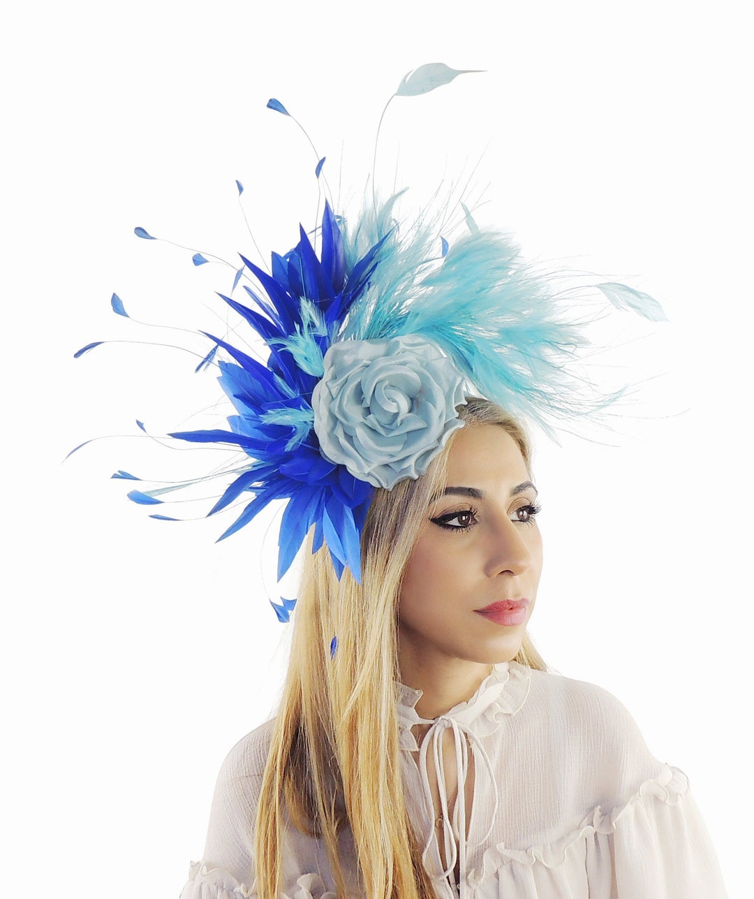 Baby Royal Blue Turquoise Feather Kentucky Derby Fascinator Hat Wedding ...