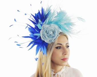 Baby Royal Blue Turquoise Feather Kentucky Derby Fascinator Hat Wedding Cocktail Garden Party Ascot Formal Races Ladies Day Woman Headwear