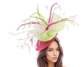 Fuchsia Pink Lime Green White Kentucky Derby Fascinator Hat Wedding Fascinators Cocktail Garden Party Royal Ascot Formal Occasion Day Woman