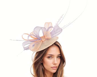 Peach Lilac Bow Kentucky Derby Fascinator Hat For Women Wedding Royal Ascot Custom Order Church Cocktail Garden Parties High Tea Hatinator