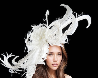 Ivory Off White Large Feather Statement Fascinator Hatinator Hat Kentucky Derby Oaks Royal Ascot Garden Cocktail Tea Party Formal Occasion