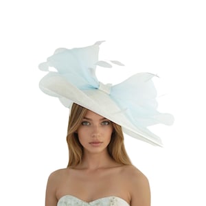Large Kentucky Derby Hat Ascot Fascinator Statement Bow Hatinator White Baby Pale Blue Woman Headwear Formal Occasion Wide Brim Tea Party