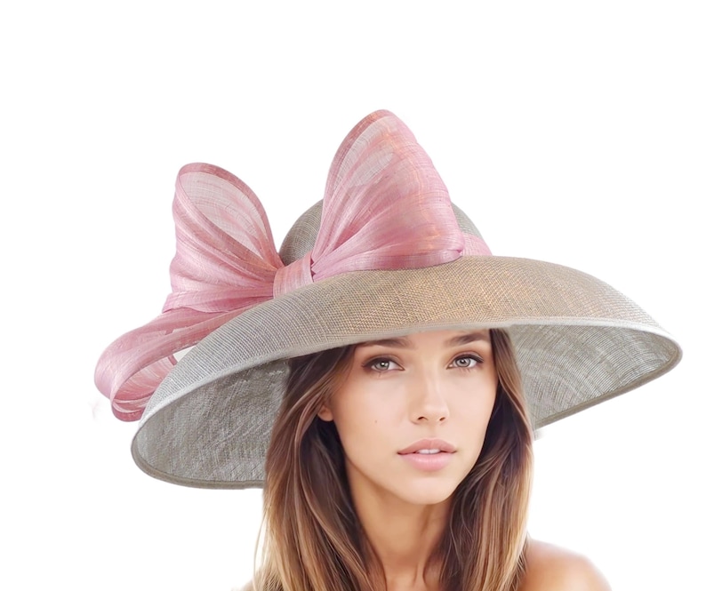 Olive Green Dusty Blush Pink Kentucky Derby Hat Ascot Lunch Church Woman Tea Garden Party Wide Brim Wedding Bow Headwear Elegant Fancy Dark