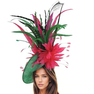 Large Fuchsia Hot Pink Emerald Green Kentucky Derby Hat Wedding Royal Ascot Fascinator Headpiece Ladies Day Races Satement Large Feather Hat
