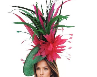 Large Fuchsia Hot Pink Emerald Green Kentucky Derby Hat Wedding Royal Ascot Fascinator Headpiece Ladies Day Races Satement Large Feather Hat