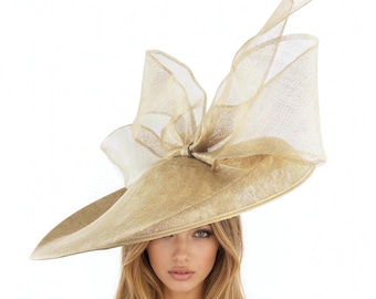 Metallic Gold Statement Hatinator Kentucky Derby Fascinator Womens Ascot Headwear Ladies Day Hats Formal Occasion Feather Headpiece Party
