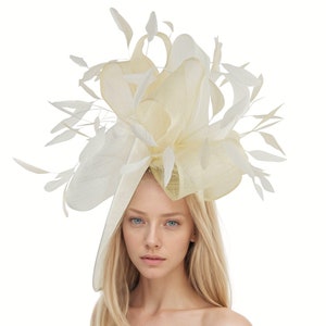 Cream & Ivory Large Bow Statement Hatinator Womens Kentucky Derby Hats Wedding Royal Ascot Fascinator Headpiece Church Ladies Day Headwear