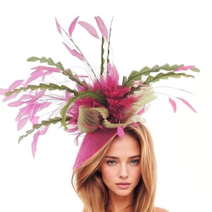 Fuchsia Pink Olive Green Feather Kentucky Derby Fascinator Hat Wedding Fascinators Cocktail Garden Party Ascot Formal Occasion Races Woman