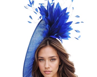 Chapeau Derby bleu royal, bibi Derby Kentucky cobalt, chapeau lavallière saphir, chapeau de mariage bleu, bibi bandeau bleu marine, chapeau de Tea Party bleu