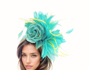 Turquoise Yellow Feather Kentucky Derby Hats Royal Ascot Church Ladies Tea Garden Party Wedding Formal Occasion Woman Statement Races Ladies