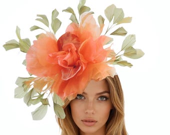 Oversized Orange Green Silk Rose Feather Headband Fascinator – Statement Occasion Headpiece