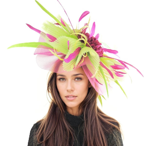 Cerise Magenta Dark Pink Lime Green Hatinator Fascinator Royal Ascot Kentucky Derby Melburne Dubai Wedding Ladies Day Headpiece Headwear Hat