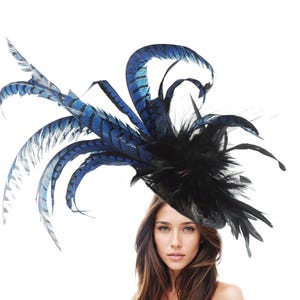 May include: A black and blue feathered hat with a large, dramatic design. The hat is made of feathers and has a wide brim.