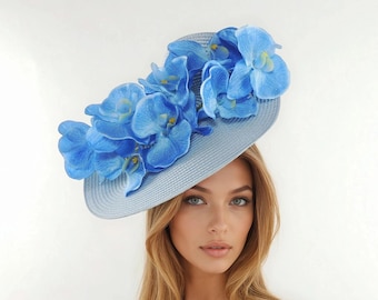 Powder Blue Orchid Fascinator Headband – Ascot Kentucky Derby Wedding Occasion Headwear