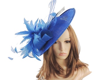 Royal Blue Brown White Feather Pillbox Fascinator Hat Headpiece Vtg Races 533 
