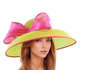 Lime Green Fuchsia Pink  Kentucky Derby Hats Royal Ascot Church Ladies Race Day Tea Garden Party Wide Brim Wedding Formal Occasion Woman Hat