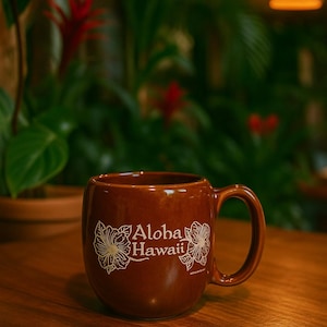 May include: A brown ceramic mug with a rounded shape and a handle. The mug features the words "Aloha Hawaii" in white script, along with floral designs. The mug sits on a wooden table, with a blurred background of green plants.