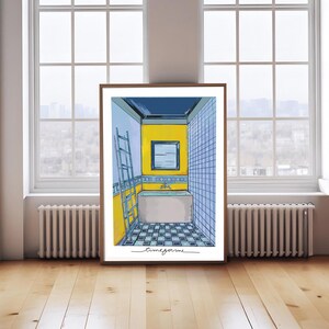 May include: A digital illustration of a bathroom with yellow walls, a white bathtub, a blue ladder, and a checkered floor. The text "timegone" is written in cursive at the bottom of the image.