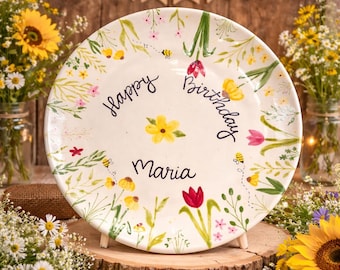 Hand painted personalized ceramic flower rustic birthday plate