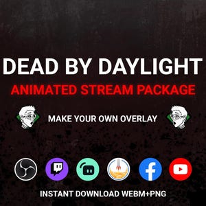 May include: Animated stream package for Dead by Daylight, featuring a character with glasses and a red background. The package includes an overlay, social media icons, and instant download in WEBM and PNG formats.