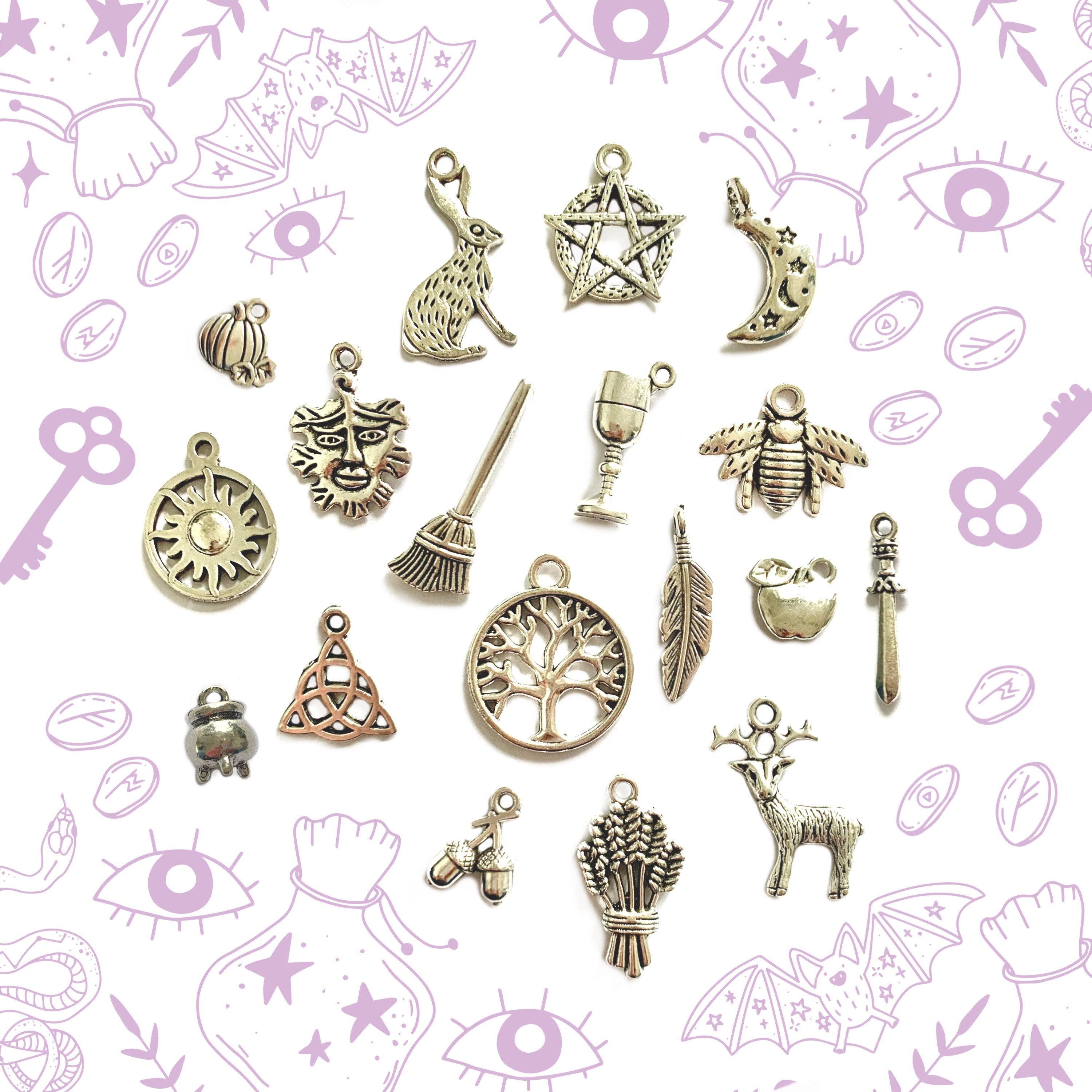 41 X BULK Mixed Pagan Charms, Wholesale Wiccan Silver Pendants Set,  Bracelet Charms, Pentagram Moon Goddess Hare Raven, Jewelry Supplies, UK 