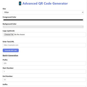 Könnte beinhalten: Screenshot einer Webseite mit dem Titel "Advanced QR Code Generator". Die Seite enthält Felder für Größe, Vorder- und Hintergrundfarbe, Logo-Upload und URL-Eingabe. Es gibt auch Optionen zur Stapelgenerierung von QR-Codes, einschließlich Präfix, Start- und Endnummern und Suffix.