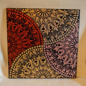 Four-in-One Mandala – Hand Painted Dot Art in Gold & Ruby Red - 30cm