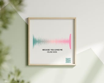 以下が含まれることがあります： ピンクとブルーのサウンドウェーブのグラフィックと「Because You Loved Me Celine Dion」というテキストが書かれた額装されたプリントです。