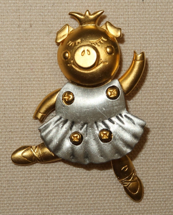 Vtg Dancing Ballerina Pig Brooch Signed JJ - image 2