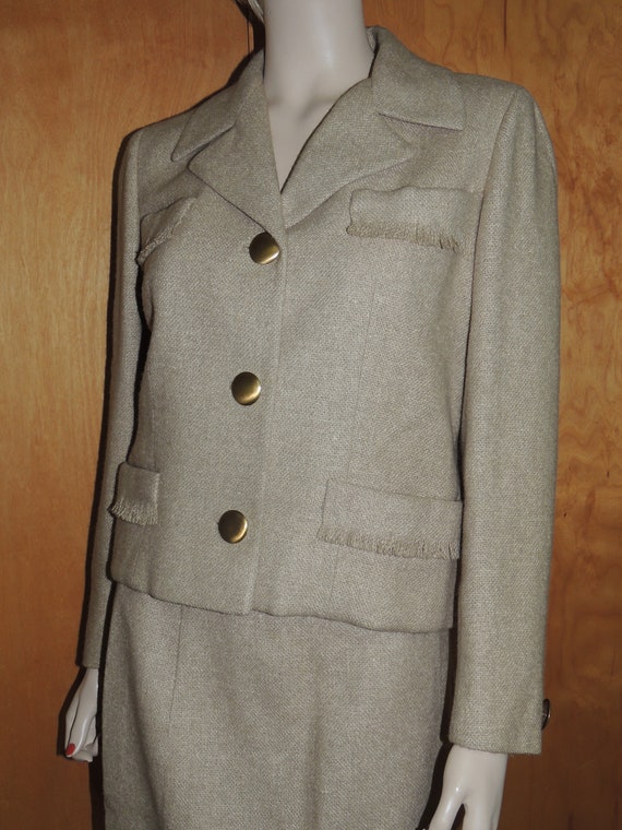 Vintage 1940s Suit \u2022 Taupe Skirt and Blazer Set with Scalloped Cuffs /& Collar \u2022 Small