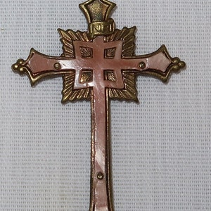 Vintage Brass and Pink Stone Cross Pendant