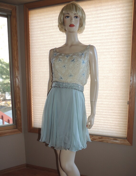 1960s Dreamy Blue Chiffon Beaded Dress Waist 26