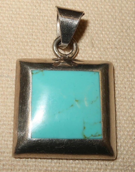 Vtg Sterling Silver and Turquoise Square Pendant, 