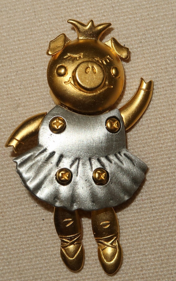 Vtg Dancing Ballerina Pig Brooch Signed JJ - image 1