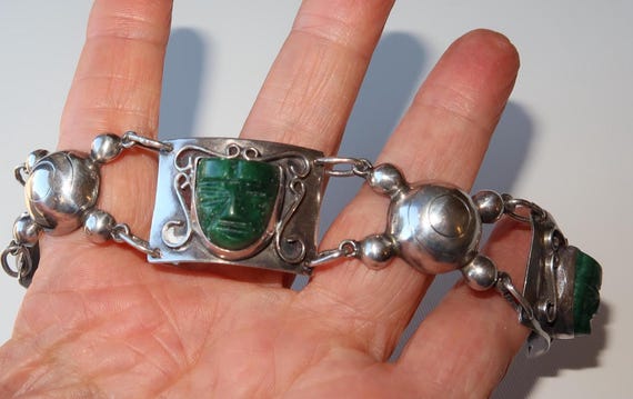 Vtg ELNA Signed Estate Sterling and Carved Jade Pre Columbian Revival Bracelet