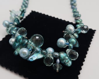 Vtg Aqua Pearl, Briolettes, Crystals 20 inch Stunning "Mermaid" Necklace