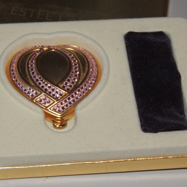 ESTEE LAUDER Pink Rhinestone Heart Powder Compact in box with Dust bag