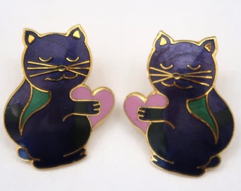 Vtg Purple Kitties with Pink Hearts Enamel Pierced Earrings