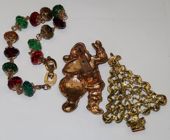 Vtg Enamel Santa Brooch, Christmas Tree Brooch an… - image 7