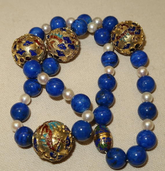 Vtg Natural Fresh Water Pearls and Lapis Bead Chok