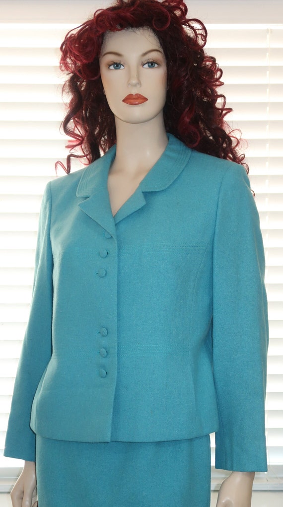 Vtg Aqua Wool Two Piece Skirt Suit Made in Germany