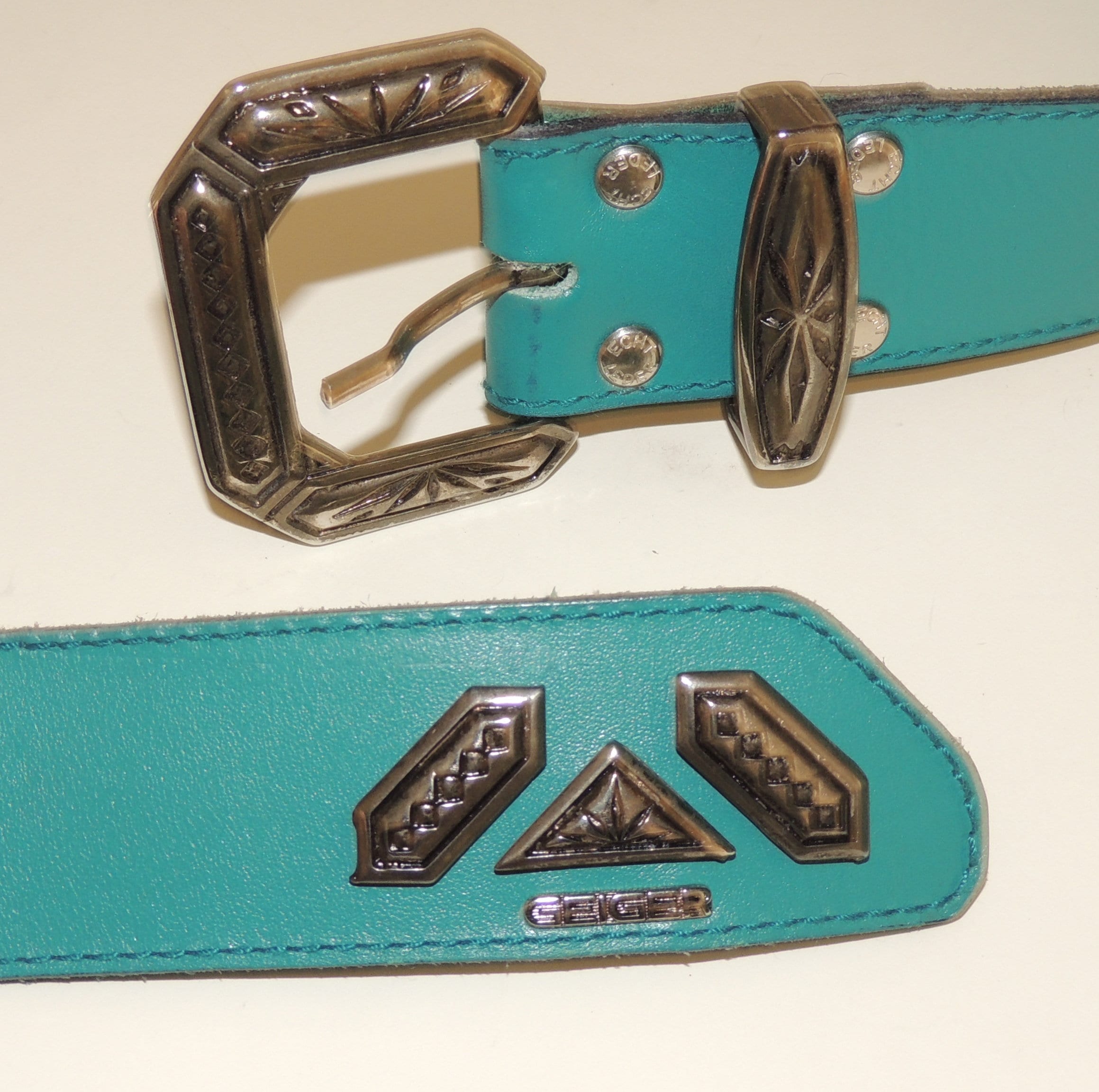 Vintage Geiger Leather Belt Made in Germany Wide Waist Folk Motif size M 88 Euro Buy Germanic belts - leather, iron ring & fittings main image 2