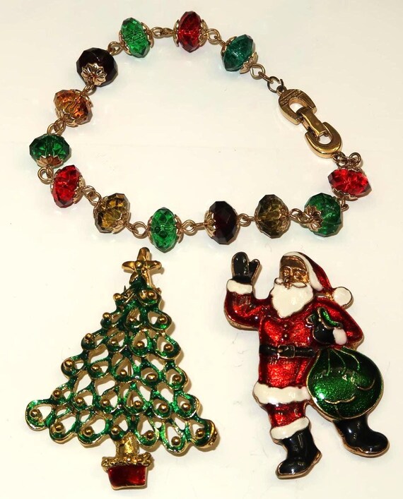 Vtg Enamel Santa Brooch, Christmas Tree Brooch an… - image 2